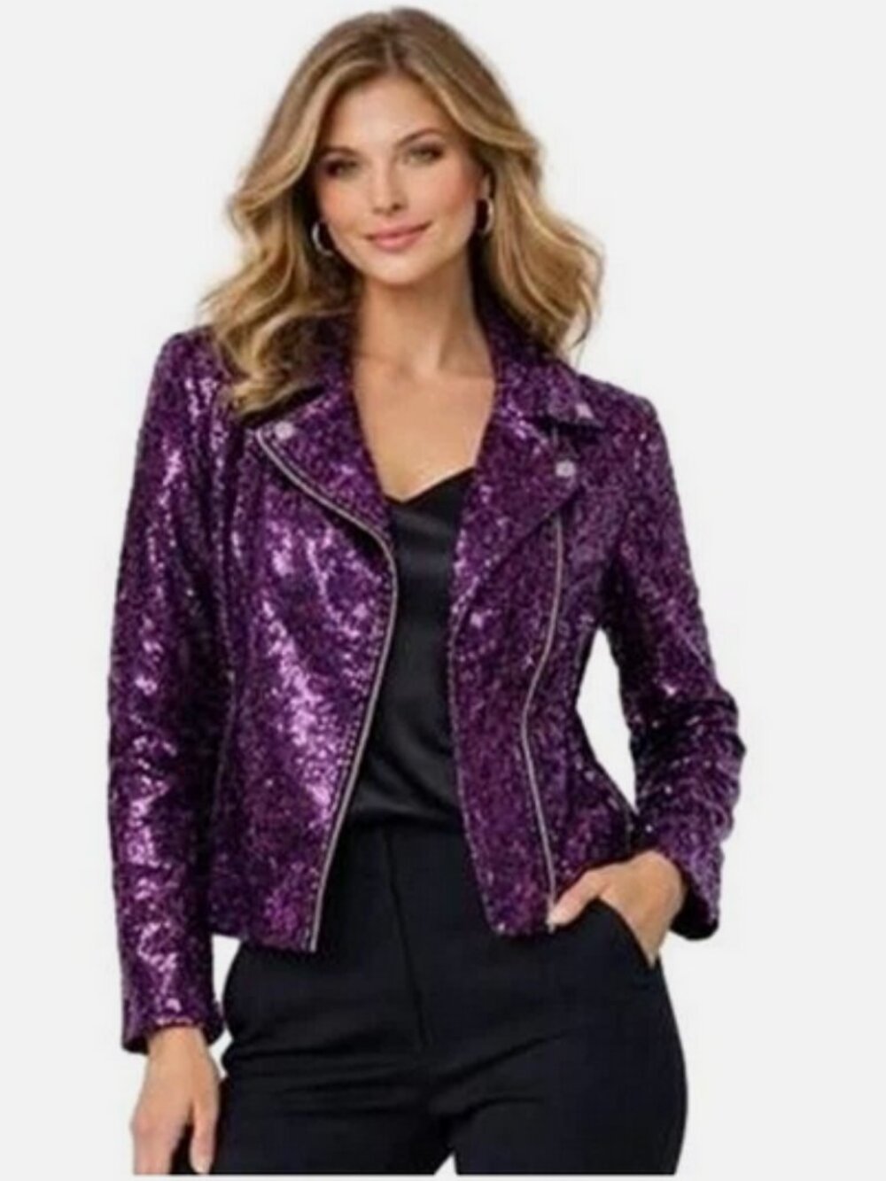 Colleen Lopez Women's Luxe Sequin Moto Jacket Violet Rose Size Small NIB
